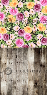 Spojené fotopozadí + fotopodlaha - dřevěná podlaha, pozadí s květy