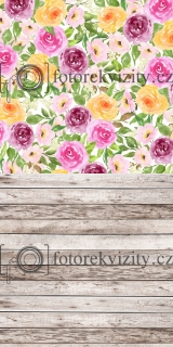 Spojené fotopozadí + fotopodlaha - dřevěná podlaha, pozadí s květy