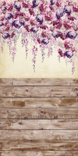 Spojené fotopozadí + fotopodlaha - růžové květy, dřevěná podlaha