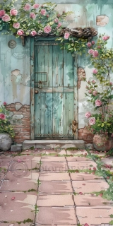 Spojené fotopozadí - staré dveře, růže