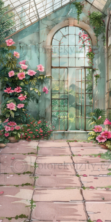 Spojené fotopozadí - skleník, růže, podlaha